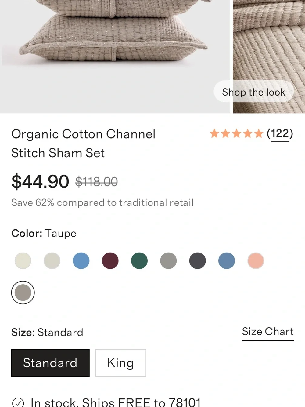 NWOT Organic Cotton Taupe Channel Stitched Sham Set - Retail $45